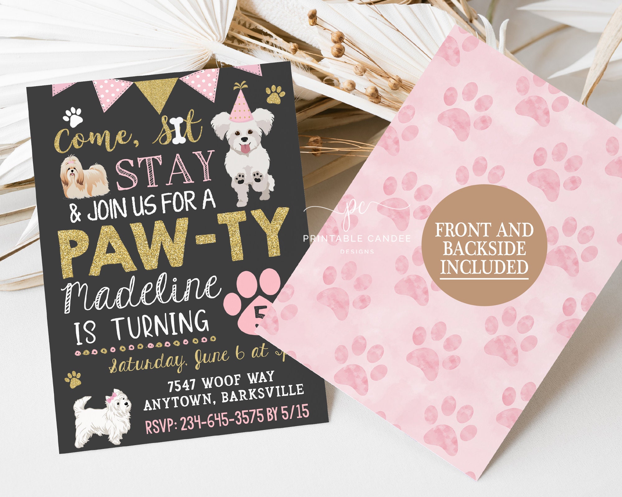 Girl Puppy Birthday Invitation Pink and Gold Dog Party Pet Invite Theme ...