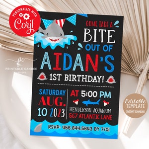 Editable Shark Birthday Invite Sharks Boy Invitation Summer Pool Theme Template Blue Red Printable Instant Download