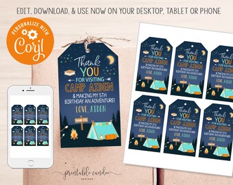 Camping Favor Tags Editable Favors Sleepover Party Blue Birthday Party Decor Printable Template