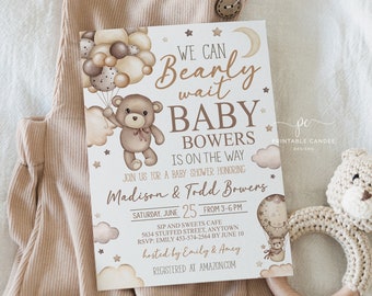 Editable Teddy Bear Baby Shower Invitation Hot Air Balloon Bear Invite Gender Neutral Baby Shower We Can Bearly Wait Template TBAS