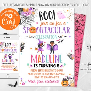 Halloween Birthday Invitation Template Girl Costume Party Invite Theme Spooktacular No Photo Instant Download Editable File