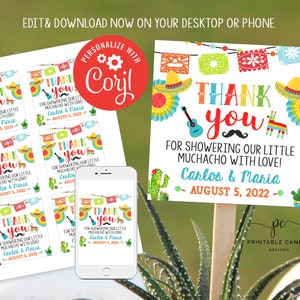 Modèle d&#39;étiquettes de cadeau de baby shower Fiesta Cactus mexicain Muchacho favorise les étiquettes pour cadeaux décoration de fête fichier imprimable