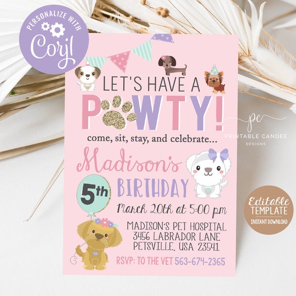 Invitación de cumpleaños de niña, cachorro, fiesta de perros, invitación con tema de mascota adorable rosa, plantilla editable