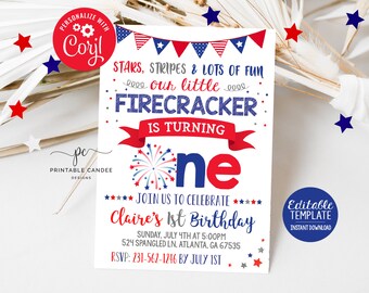 4th of July 1st Birthday Invitation Red White and Blue Firecracker Patriotic Stars Stripes Editable Template Download Printable