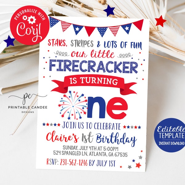 4th of July 1st Birthday Invitation Red White and Blue Firecracker Patriotic Stars Stripes Editable Template Download Printable