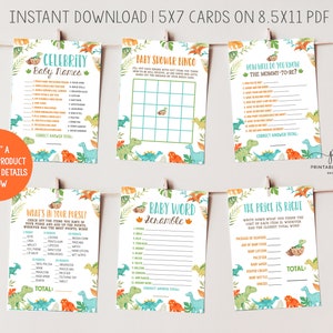 Dinosaur Baby Shower Games Pack It&#39;s a Boy Dino Party Decor Bingo Scramble Name Game Printable Files