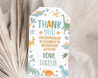 Pastel Dinosaur Birthday Favor Tags Boy, Three Rex Party (Editable, Digital)