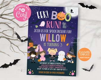 May include: Purple and pink Halloween party invitation with a spooky theme. The invitation says "EEK! BOO RUN!" and "Willow is turning 3". It features a ghost, a witch, a pumpkin, and a cat.
