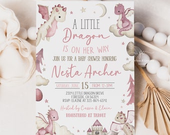 Editable Dragon Baby Shower Invitation Pink Dragons Theme It's a Girl Template Printable Invite BGTPS