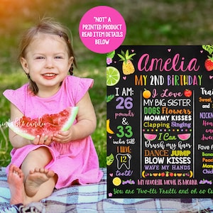 Two-tti Frutti Birthday Stats Sign Twotti Frutti Party Decor Chalkboard Milestone Sign Tutti Fruitti Theme Printable TFCT