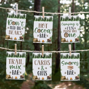Camping Party Signs Hot Cocoa Bar S&#39;mores Decor Woodland Table Signs Bear Birthday Party Printables Instant Download OHPNT