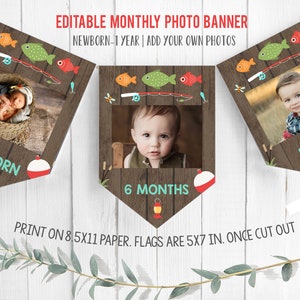 Editable Fishing First Birthday Banner Monthly Photo Flags Rustic Fish Party Decor Space Flags Template Printable