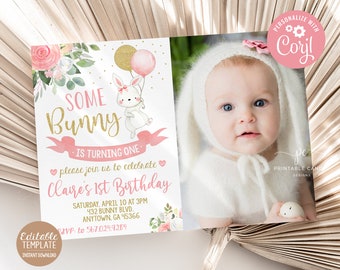 Bunny Birthday Invitation Editable Bunny 1st Birthday Invite Pink Gold Spring Floral Theme Instant download Photo Template