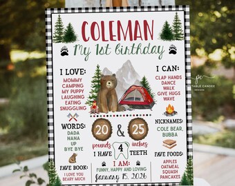 Plantilla de letrero con estadísticas para fiesta de camping, primer cumpleaños, decoración de hito de oso leñador, imprimible, BWPC