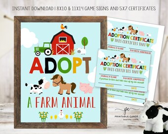 Farm Animal Adoption Party Game Barnyard Certificate Horse Cow Pig Birthday Party Theme Printable Decor