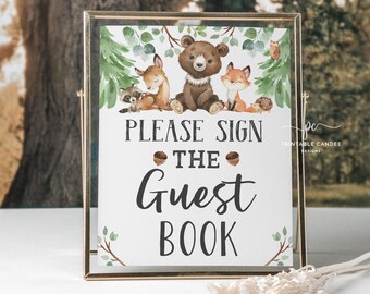 Woodland Baby Shower Guest Book Table Sign Forest Decor Greenery Printable WSWG