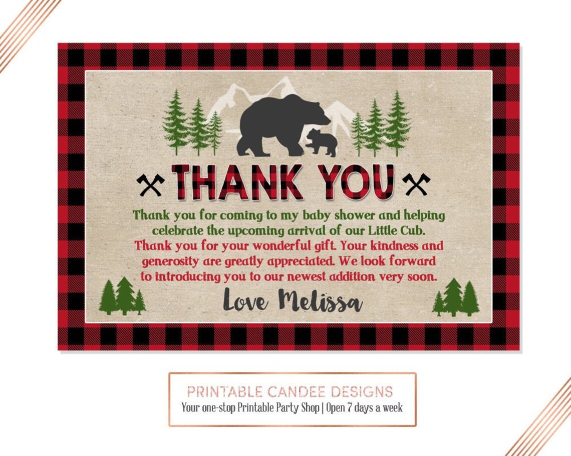 Bear Baby Shower Thank you Card Lumberjack Buffalo Plaid