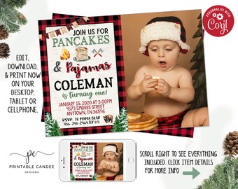 May include: A red and black plaid invitation for a first birthday party. The invitation features a cartoon illustration of pancakes and a lumberjack axe. The text on the invitation reads "Join us for Pancakes & Pajamas Coleman is turning one!"  The invitation also includes the date, time, and location of the party.