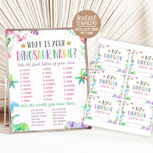 Dinosaur Name Game Girl Dino Theme Party Decor Printables Table Party Sign Favors Instant Download