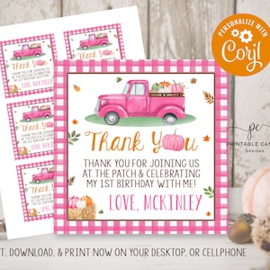 Pumpkin Favor Tags Editable Birthday Girl Favors Pumpkin Party Decor Fall Autumn Pink Truck Template