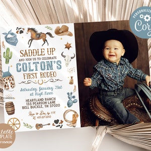 Editable Cowboy Birthday Invitation Blue 1st Rodeo Party Invite Wild West Theme Ranch Photo Template Printable Instant Download