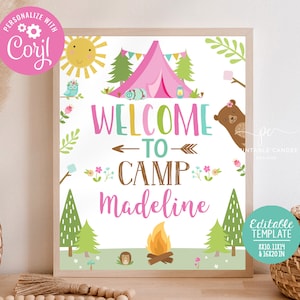 Girl Camping Welcome Sign Editable Sleepover Party Woodland Glamping Birthday Party Decor Printable Template