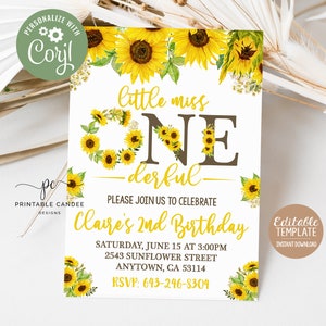 Editable Sunflower 1st Birthday Invitation Floral Party Invite Summer Sunflowers Yellow Rustic Theme Instant download Template