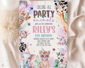 Editable Party Animals Birthday Invitation Pastel Rainbow Jungle Invite Cheetah Leopard Print Wild Safari Girl Template PRJAT