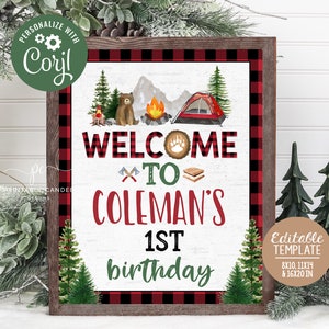 Editable Camping Welcome Sign Red Lumberjack One happy Camper Smores Door Sign Template Bear Birthday Party Decor Printable File
