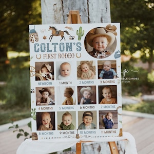 Plantilla de póster del primer año del bebé, primer rodeo, tablero editable con imágenes, collage de fotos de cumpleaños, letrero, decoración azul del lejano oeste, imprimible