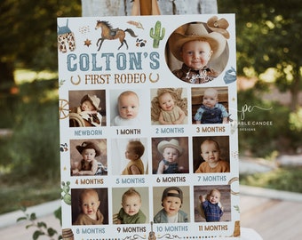 Baby's First Year Poster Template 1st Rodeo Editable Year In Pictures Board Birthday Photo Collage Sign Wild West Blue Decor Printable