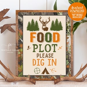 May include: A printable sign with a camouflage background and a white border. The sign says "Food Plot Please Dig In" with a deer silhouette, a target, a tent, and an arrow.