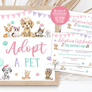 Pet Adoption Sign Dog Birthday Party Adopt a Pet Decor Kitten Theme Girl Cat Activities Watercolor Printable Decor
