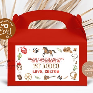 Cowboy Gable Box Labels 1st Rodeo Birthday Theme Wild West Favors Red Ranch Decor Printables Instant Download