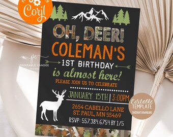 Modello di invito compleanno caccia Camo Deer Party Invito modificabile stampabile Download immediato