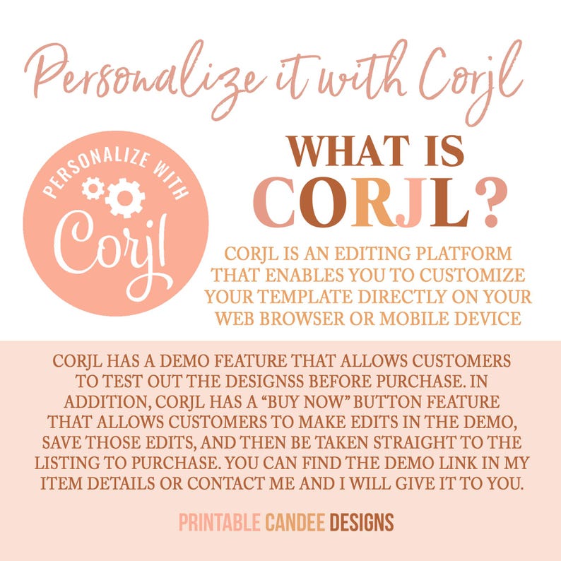 May include: A graphic with text that reads "Personalize it with Corjl." A peach-colored circle with the word "Corjl" is in the center. The text explains Corjl is an editing platform for template customization.
