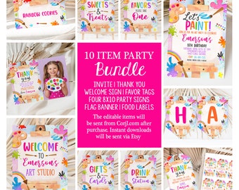 Art Birthday Party Bundle Painting Party Decor Rainbow Artist Theme Brushes Easel Watercolor Digital Download Printable APG1
