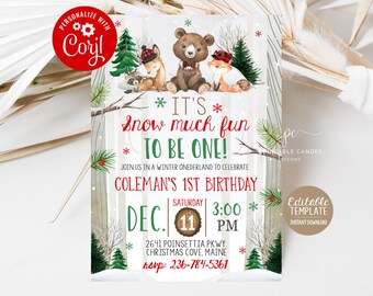 Invitación de cumpleaños de leñador de invierno editable Animales del bosque 1er cumpleaños Fiesta a cuadros Oso Invitación Plantilla Descarga instantánea