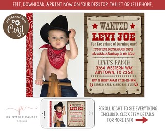 Wanted Poster Invitation Cowboy Birthday Party Western Theme Invite Editable Template Printable