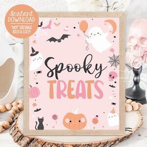 Halloween Favor Sign Pink Ghost Party Decor Girl Theme Birthday Spooky Treats Table Sign Instant Download Printable Digital
