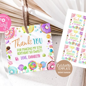 Candy Party Favor Tags Template Lollipop Donut Girl Birthday Theme Sweet Shop Editable Favors Printable File