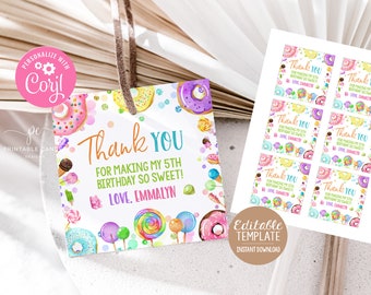 Modello di etichette per bomboniere di caramelle, lecca-lecca, ciambella, ragazza, compleanno, tema, negozio di dolci, bomboniere modificabili, file stampabile