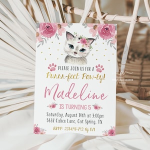 Girl Cat Invitation Editable Floral Kitty Birthday Invitation Instant Download Pet Party Invite Template Printable