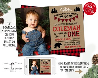 Lumberjack 1st Birthday Invitation Bear Moose Buffalo Plaid Theme Printable Instant Download Editable File