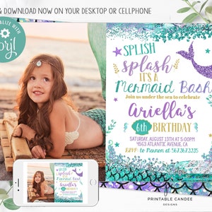 Mermaid Birthday Invitation Purple Teal Gold Party Theme Mermaids Photo Invite Instant Download Editable Printable File