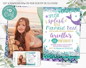 Zeemeermin verjaardagsuitnodiging paarse Teal Gold Party thema zeemeerminnen foto uitnodigen Instant Download bewerkbaar afdrukbaar bestand