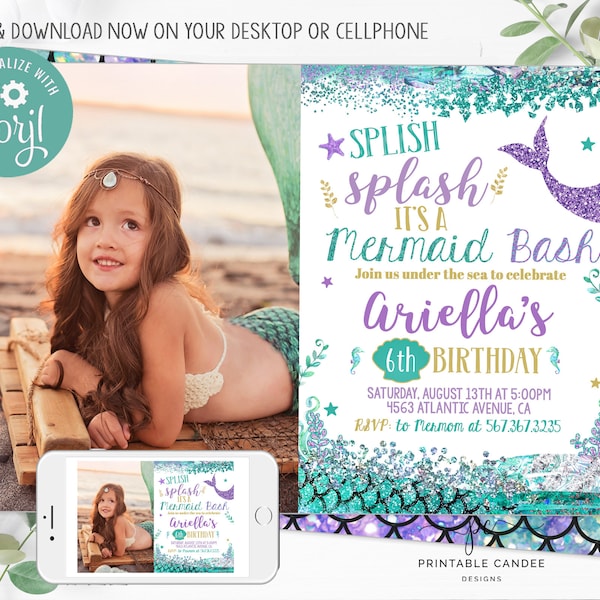 Mermaid Birthday Invitation Purple Teal Gold Party Theme Mermaids Photo Invite Instant Download Editable Printable File