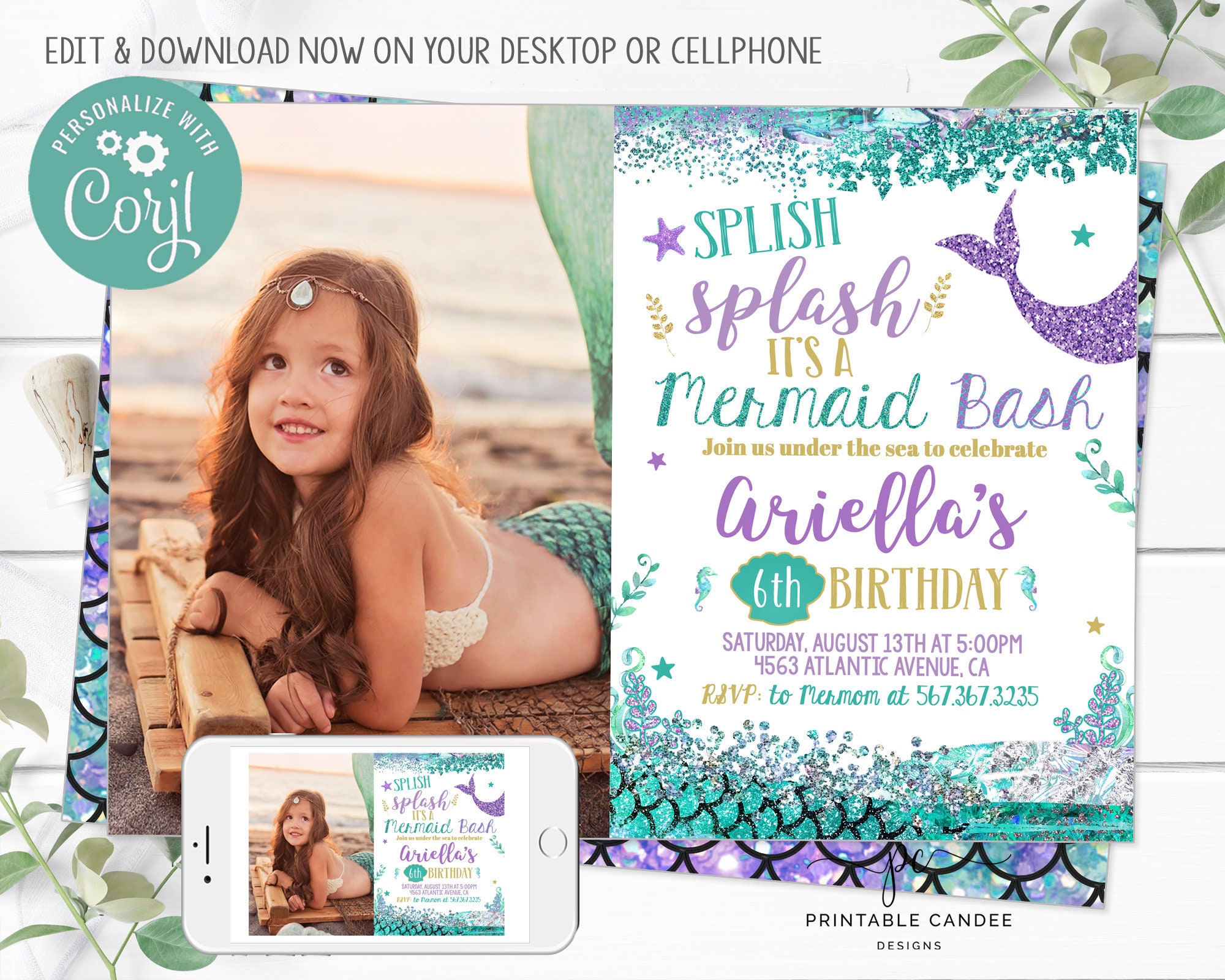 Mermaid Birthday Invitation Purple Teal Gold Party Theme Etsy