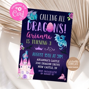 Girl Dragon Birthday Invitation Editable Pink Dragon Party Printable Invite Birthday Theme Template Instant Download