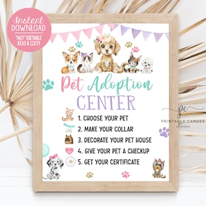 Pet Adoption Center Sign Dog Birthday Party Adopt a Pet Decor Kitten Theme Girl Cat Activities Watercolor Printable Decor